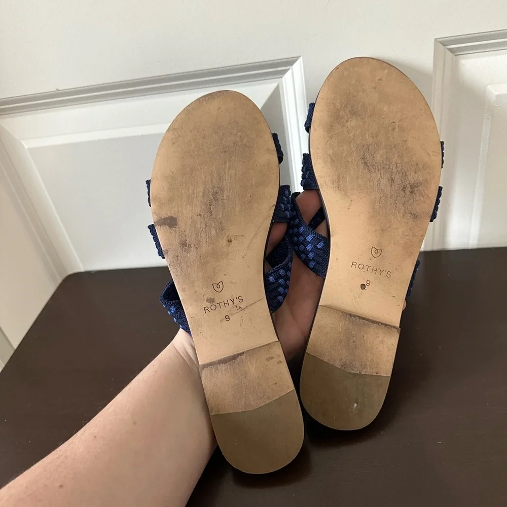Rothy's Navy Blue Cobalt Checkered Triple Band Slide Slip-On Strappy Sandals 9